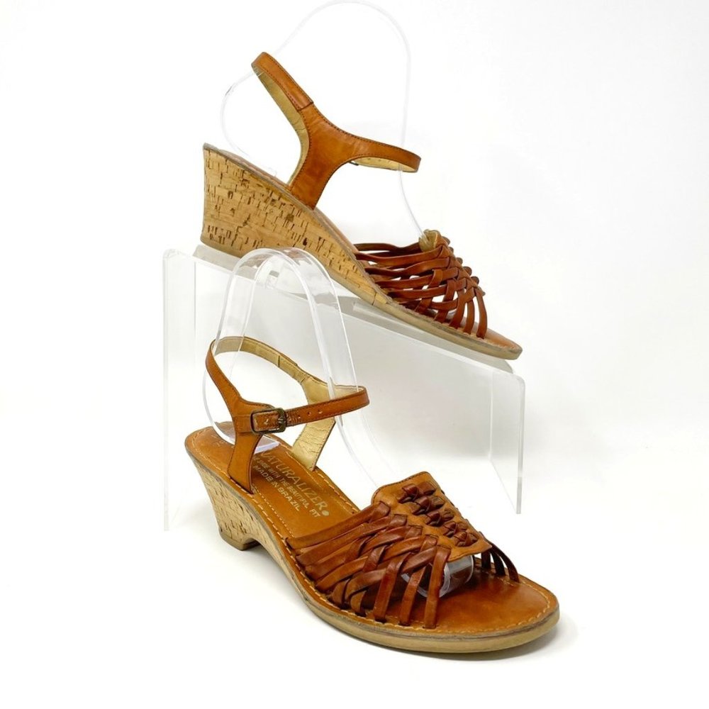 Naturalizer Womens Brown Leather Woven Cork Wedge Buckle Sandal Size 8.5